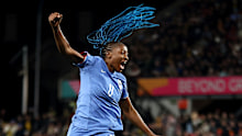 Kadidiatou Diani celebrates after scoring France's first goal during their round of 16 match between with Morocco.