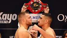 BRISBANE, AUSTRALIA - JUNE 14: Justis Huni and Joseph Goodall face off during the weigh in ahead of the heavyweight bout between Justis Huni and Joseph Goodall at Nissan Arena on June 14, 2022 in Brisbane, Australia. (Photo by Chris Hyde/Getty Images)