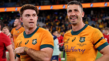 Andrew Kellaway and Jake Gordon after the Wallabies win.