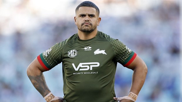 SYDNEY, AUSTRALIA - APRIL 18: Latrell Mitchell of the Rabbitohs warms up before the round seven NRL match between Canterbury Bulldogs and South Sydney Rabbitohs at Accor Stadium, on April 18, 2025, in Sydney, Australia. (Photo by Darrian Traynor/Getty Images)