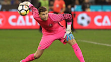 Mitch Langerak playing for the Socceroos. 