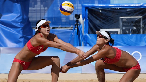 Chinese beach volleyballers in action.