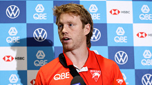 SYDNEY, AUSTRALIA - OCTOBER 04: Callum Mills speaks to the media during a Sydney Swans AFL press conference at Sydney Swans HQ on October 04, 2023 in Sydney, Australia. (Photo by Brendon Thorne/Getty Images)