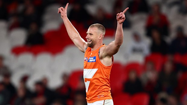 Jake Stringer of the Giants celebrates a goal against his old club.