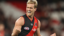 MELBOURNE, AUSTRALIA - MAY 07: Darcy Parish of the Bombers celebrates after scoring a goal during the round eight AFL match between the Essendon Bombers and the Hawthorn Hawks at Marvel Stadium on May 07, 2022 in Melbourne, Australia. (Photo by Robert Cianflone/Getty Images)