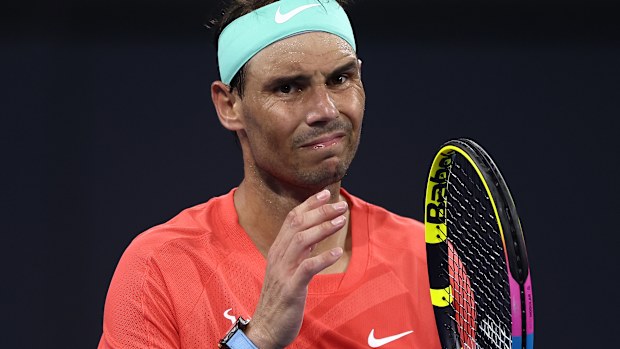 Rafael Nadal grimaces during his match against Jordan Thompson at the Brisbane International.