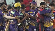 Kolkata Knight Riders's players celebrate after winning their match against Gujarat Titans. (AP Photo/Ajit Solanki)