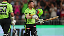 David Warner of the Thunder celebrates scoring a century.