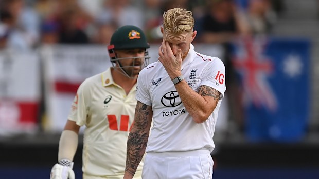 Ben Stokes of England reacts after a Travis Head four.