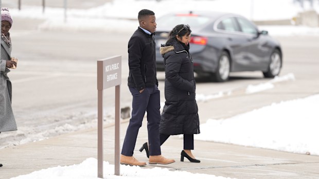 Ralph Yarl walks to the Clay County Courthouse to attend a hearing for Andrew Lester, who pleaded guilty charges stemming from a 2023 incident when Lester shot Yarl in the head after Yarl mistakenly knocked on the wrong door, Friday, Feb. 14, 2025, in Liberty, Mo. (AP Photo/Charlie Riedel)

