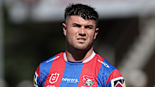 SYDNEY, AUSTRALIA - MARCH 15:  Bradman Best of the Knights warms up during the round two NRL match between Manly Sea Eagles and Newcastle Knights at 4 Pines Park, on March 15, 2026, in Sydney, Australia. (Photo by Matt King/Getty Images)