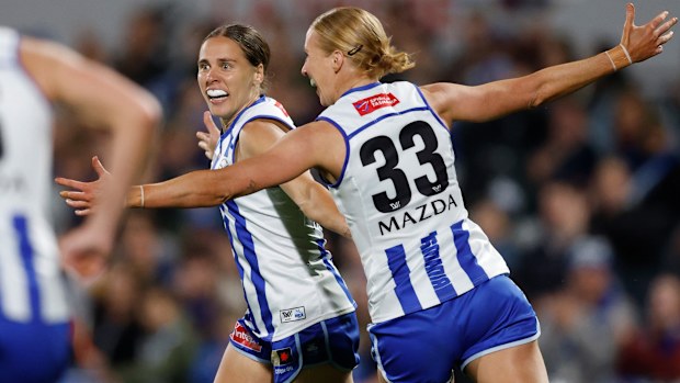 Jasmine Garner celebrates a dagger of a goal for the Kangaroos in the 2025 AFLW grand final.