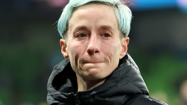 Megan Rapinoe of USA is dejected after their team was defeated in the FIFA Women's World Cup Australia & New Zealand 2023 Round of 16 match between Sweden and USA at Melbourne Rectangular Stadium on August 06, 2023 in Melbourne / Naarm, Australia. (Photo by Alex Grimm - FIFA/FIFA via Getty Images)