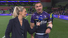 Jahrome Hughes speaks to Nine's Allana Ferguson post-game