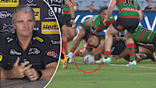 Ivan Cleary reacts to Moses Leota's no try decision. 