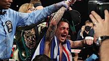 NEW YORK, NEW YORK - NOVEMBER 27:  George Kambosos celebrates his split decision win against Teofimo Lopez after their championship bout for Lopezs Undisputed Lightweight title at The Hulu Theater at Madison Square Garden on November 27, 2021 in New York, New York. (Photo by Al Bello/Getty Images)