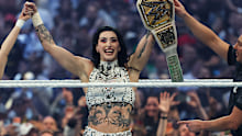 Rhea Ripley celebrates her win at WrestleMania 42.