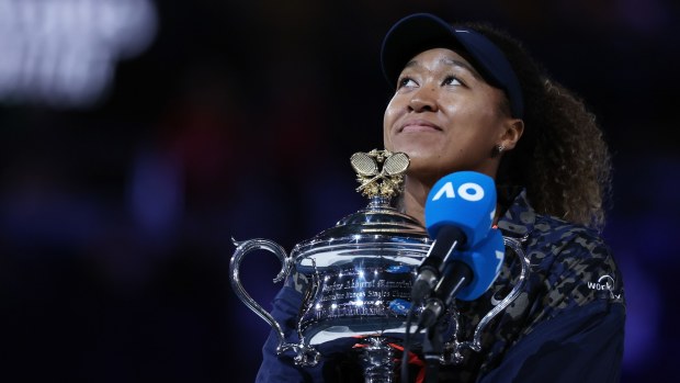 MELBOURNE, Feb. 20, 2021 -- Naomi Osaka of Japan celebrates with her trophy during the awarding ceremony after women's singles final between Naomi Osaka of Japan and Jennifer Brady of the United States at Australian Open in Melbourne, Australia, Feb. 20, 2021. (Photo by Bai Xuefei/Xinhua via Getty) (Xinhua/Bai Xuefei via Getty Images)