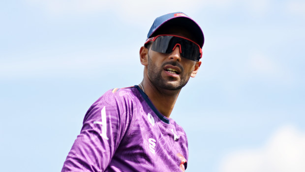 Feroze Khushi of Essex looks on during the Metro Bank One Day Cup match between of Gloucestershire and Essex at Seat Unique Stadium on July 28, 2024 in Bristol, England.  (Photo by Harry Trump/Getty Images)