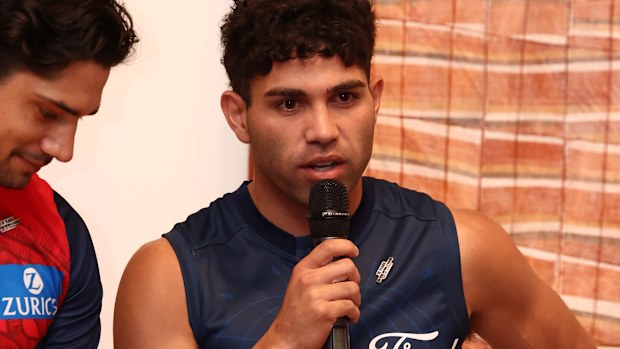 Tyson Stengle of the Cats launching the club's Indigenous jumper.