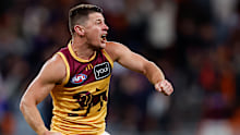 Dayne Zorko of the Lions celebrates after the siren, beating the Giants by five points.