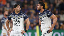 SYDNEY, AUSTRALIA - APRIL 13: Jason Taumalolo and Jordan McLean of the Cowboys look on during the round six NRL match between Parramatta Eels and North Queensland Cowboys at CommBank Stadium on April 13, 2024 in Sydney, Australia. (Photo by Jason McCawley/Getty Images)