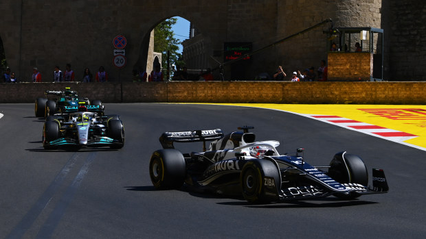 Pierre Gasly leads Lewis Hamilton during the Azerbaijan Grand Prix.