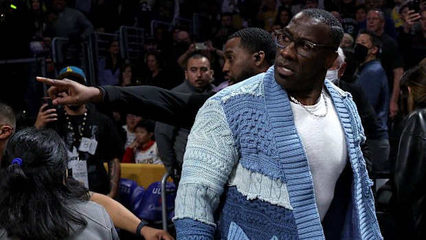 LOS ANGELES, CALIFORNIA - JANUARY 20: Shannon Sharpe reacts after he is restrained by security from Ja Morant #12 of the Memphis Grizzlies after a verbal altercation after the first half against the Los Angeles Lakers at Crypto.com Arena on January 20, 2023 in Los Angeles, California.