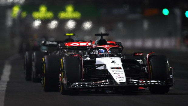 Daniel Ricciardo of Australia driving the (3) Scuderia AlphaTauri AT04 on track during the F1 Grand Prix of Las Vegas at Las Vegas Strip Circuit on November 18, 2023 in Las Vegas, Nevada. (Photo by Rudy Carezzevoli/Getty Images)