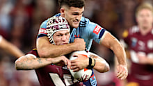 Nathan Cleary tackles Kalyn Ponga during game one of the Men's State of Origin series between Queensland Maroons and New South Wales Blues at Suncorp Stadium on May 28, 2025 in Brisbane, Australia. (Photo by Chris Hyde/Getty Images)