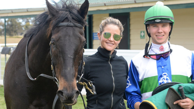 Michelle Payne and jockey Tom Prebble with horse Lonrik after winning the Bendigo Bank St Arnaud Maiden Plate this month.