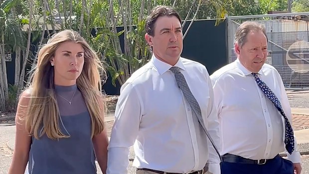 Reality TV star Matt Wright (centre) arrives to Darwin supreme court with his wife Kaia and legal representative.