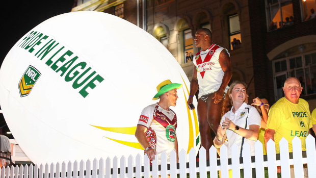 Wendell Sailor (second from left) was on the NRL float for the 2017 Sydney Gay & Lesbian Mardi Gras Parade. 