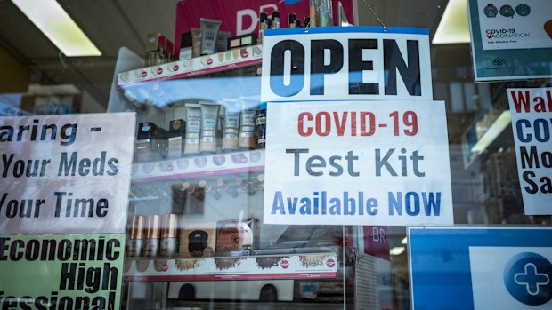A Brunswick is displaying a sign showing they have supply of Rapid Antigen Test kits in Melbourne.