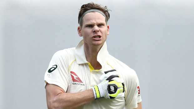 BRISBANE, AUSTRALIA - NOVEMBER 25:  Steve Smith of Australia celebrates after reaching his century during day three of the First Test Match of the 2017/18 Ashes Series between Australia and England at The Gabba on November 25, 2017 in Brisbane, Australia.  (Photo by Ryan Pierse/Getty Images)