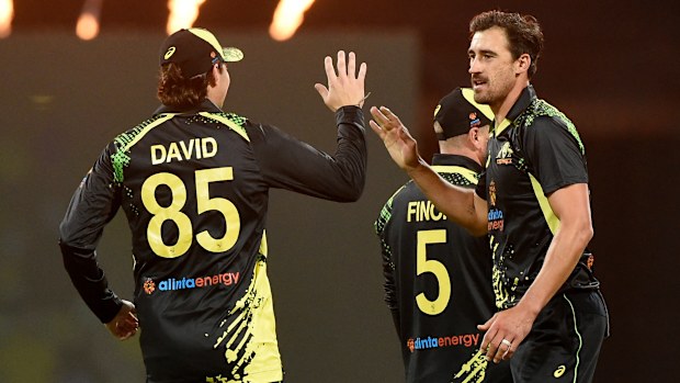 Mitchell Starc of Australia celebrates the wicket of Nicholas Pooran of West Indies during game two of the T20 International Series between Australia and the West Indies at The Gabba on October 07, 2022 in Brisbane, Australia. (Photo by Matt Roberts/Getty Images)