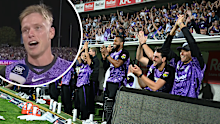 Nathan Ellis tears up after the Hobart Hurricanes win. 