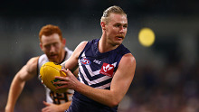 Cam McCarthy of the Dockers looks to pass the ball during the round 18 AFL match between the Fremantle Dockers and the Hawthorn Hawks at Domain Stadium on July 22, 2017 in Perth, Australia. (Photo by Paul Kane/Getty Images)