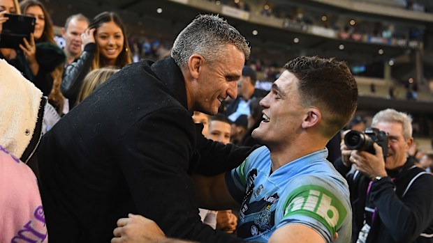 Ivan Cleary embraces son Nathan during the 2018 State of Origin series.
