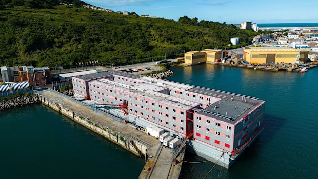 An aerial view of the Bibby Stockholm at Portland Port, in southwest England, on Sunday. Campaigners flagged safety concerns over the UK government's plans to house 500 asylum-seekers on the boat.