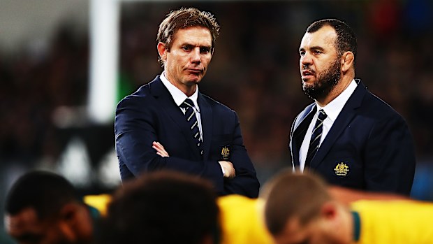 Stephen Larkham and Michael Cheka of the Wallabies in 2017 in Dunedin.