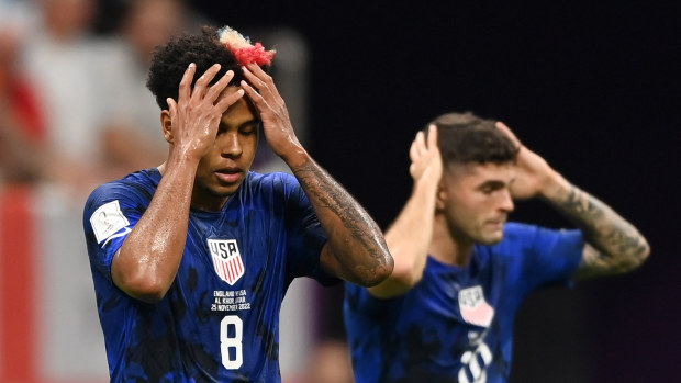 Weston McKennie of United States reacts after missing a chance during the FIFA World Cup Qatar 2022 Group B match between England and USA at Al Bayt Stadium on November 25, 2022 in Al Khor, Qatar. (Photo by Michael Regan - FIFA/FIFA via Getty Images)
