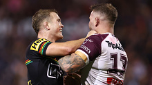 PENRITH, AUSTRALIA - JUNE 09: Mitch Kenny of the Panthers and Nathan Brown of the Sea Eagles tussle during the round 14 NRL match between Penrith Panthers and Manly Sea Eagles at BlueBet Stadium, on June 09, 2024, in Penrith, Australia. (Photo by Jeremy Ng/Getty Images)