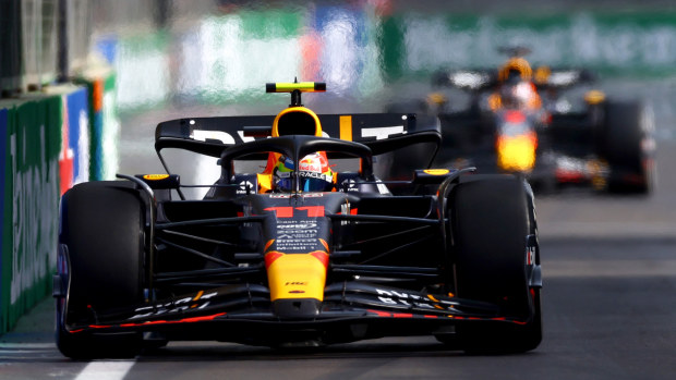 Sergio Perez of Mexico driving the (11) Oracle Red Bull Racing RB19 on track during the F1 Grand Prix of Azerbaijan at Baku City Circuit on April 30, 2023 in Baku, Azerbaijan. (Photo by Mark Thompson/Getty Images)