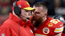 Travis Kelce #87 of the Kansas City Chiefs reacts at Head coach Andy Reid in the first half against the San Francisco 49ers during Super Bowl LVIII at Allegiant Stadium on February 11, 2024 in Las Vegas, Nevada. (Photo by Jamie Squire/Getty Images)