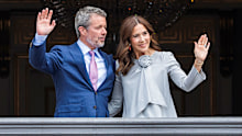 King Frederik X of Denmark and Queen Mary of Denmark on the balcony during celebrations to mark King Frederik's 58th birthday at Amalienborg Castle on May 26, 2026 in Copenhagen, Denmark