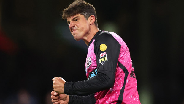 Moises Henriques of the Sixers celebrates dismissing Chris Lynn of the Strikers during the BBL match between Sydney Sixers and Adelaide Strikers at Sydney Cricket Ground, on December 22, 2023, in Sydney, Australia. (Photo by Cameron Spencer/Getty Images)