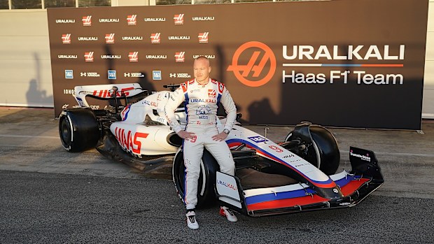 Presentation of the new car by Uralkali Haas F1 Team,Nikita Mazepin (RUS),Uralkali Haas F1 Team,Mick Schumacher (DEU) during Day One of F1 Testing at Circuit de Barcelona-Catalunya on February 23, 2022 in Barcelona, Spain. (Photo by Hasan Bratic/DeFodi Images via Getty Images)