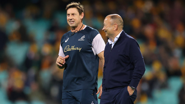 Wallabies attack coach Scott Wisemantel chats with England coach Eddie Jones at the SCG.