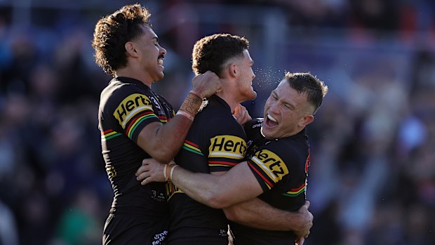 Nathan Cleary of the Panthers celebrates kicking the match winning field goal in golden point during the round 20 NRL match between Penrith Panthers and Dolphins